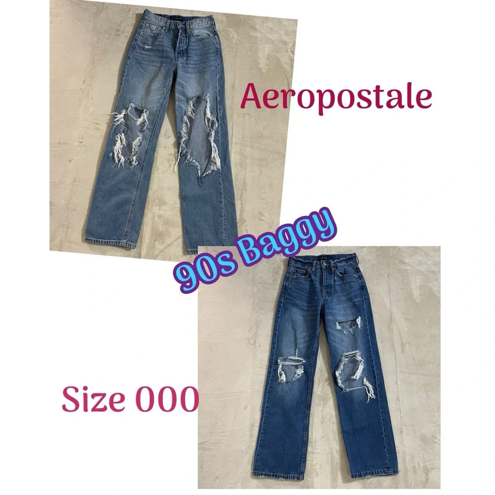 Aeropostale Jeans Womens Size 000 90s Baggy Blue Denim Medium Wash‎ Button Fly